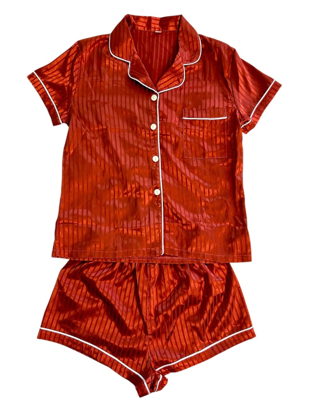 Satin Pajama Set Short Sleeve Shorts Burnt Orange White Trim ButtonUp Small
